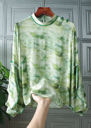 Art Light Green Stand Collar button print Patchwork Silk tops Spring