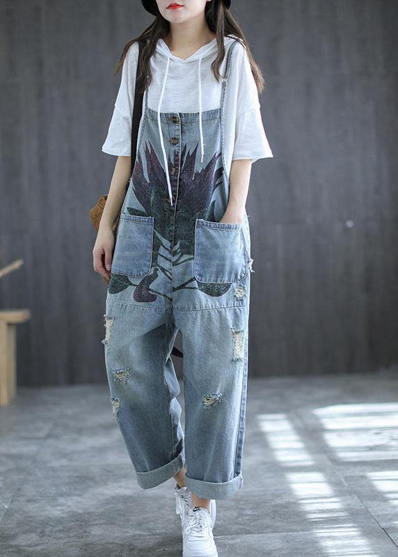 Art Navy Print Retro Hole Pockets Overall Jumpsuit Summer - SooLinen