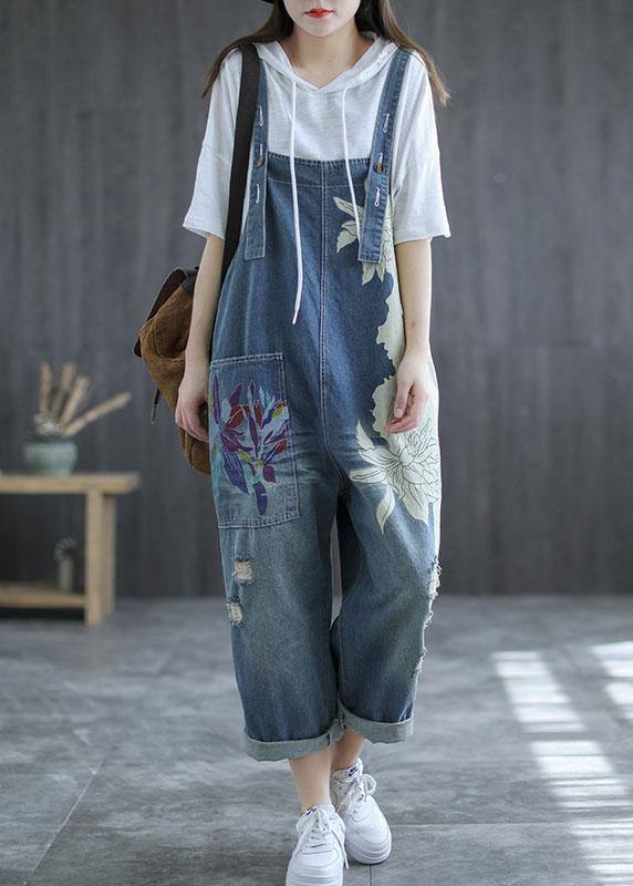 Art Navy Print Retro Hole Pockets Overall Jumpsuit Summer - SooLinen