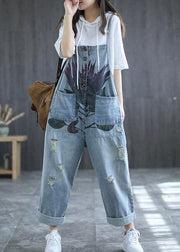 Art Navy Print Retro Hole Pockets Overall Jumpsuit Summer - SooLinen