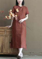 Art Orange Stand Collar Plaid Side Open Linen Cheongsam Dresses Short Sleeve