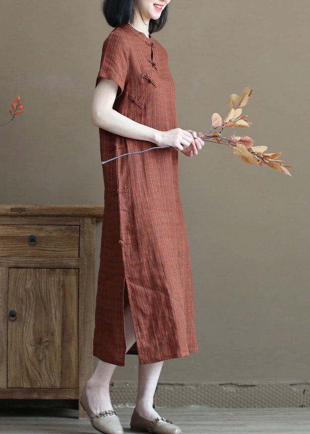 Art Orange Stand Collar Plaid Side Open Linen Cheongsam Dresses Short Sleeve