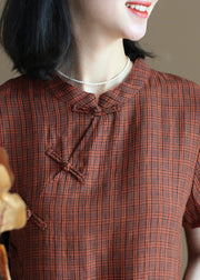 Art Orange Stand Collar Plaid Side Open Linen Cheongsam Dresses Short Sleeve