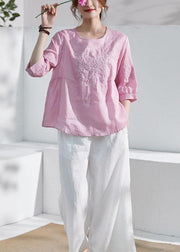 Art Pink O-Neck Embroideried Patchwork Summer Ramie Shirt Top Half Sleeve - SooLinen