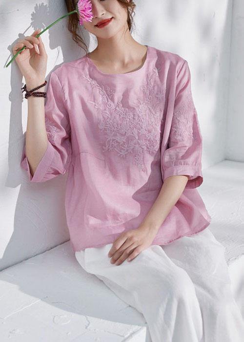 Art Pink O-Neck Embroideried Patchwork Summer Ramie Shirt Top Half Sleeve - SooLinen