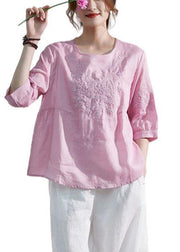 Art Pink O-Neck Embroideried Patchwork Summer Ramie Shirt Top Half Sleeve - SooLinen