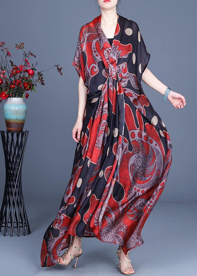 Art Red Dot Print Silk Two Pieces Set Summer long Dress - SooLinen