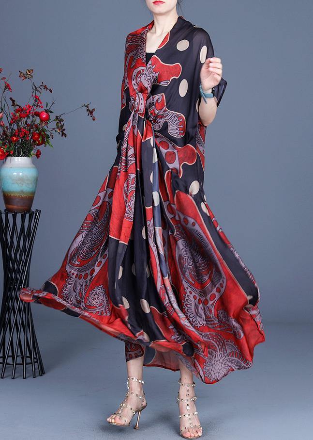 Art Red Dot Print Silk Two Pieces Set Summer long Dress - SooLinen