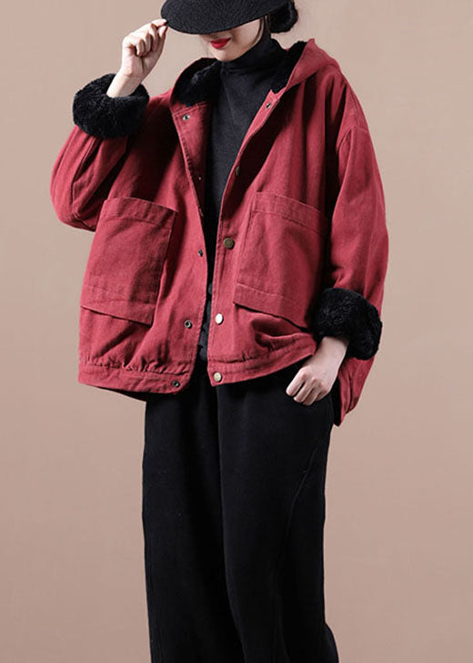 Art Red Hooded Pockets Warm Fleece Coat Winter