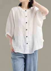 Art Red O-Neck Button Linen Loose Shirt Top Lantern Sleeve