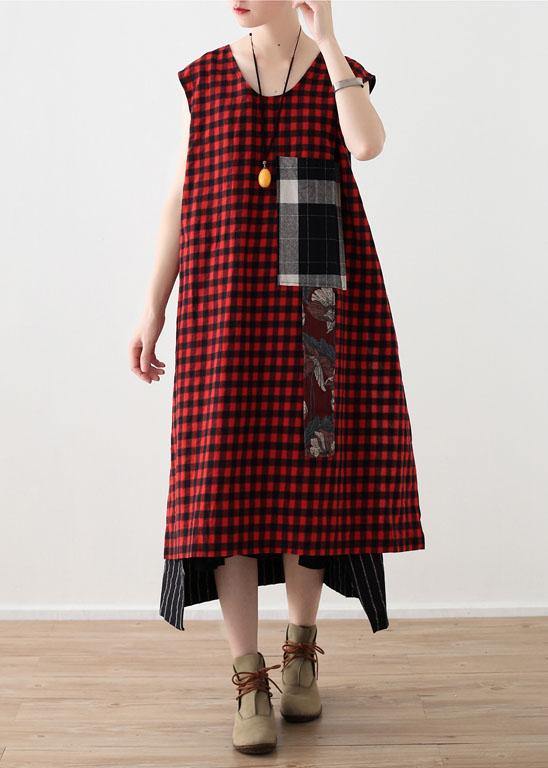 Art Red Plaid Cotton Linen Asymmetrical Design Patchwork Party Dresses - SooLinen