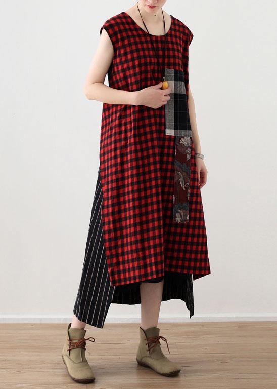 Art Red Plaid Cotton Linen Asymmetrical Design Patchwork Party Dresses - SooLinen