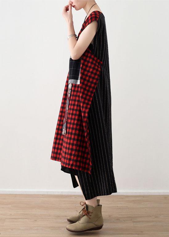 Art Red Plaid Cotton Linen Asymmetrical Design Patchwork Party Dresses - SooLinen