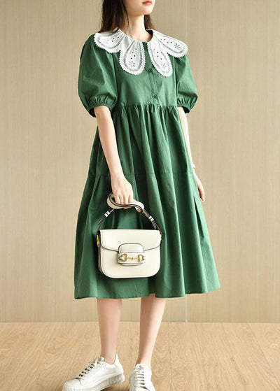 Art Tea Green lantern sleeve Button Summer Cotton Vacation Dresses - SooLinen