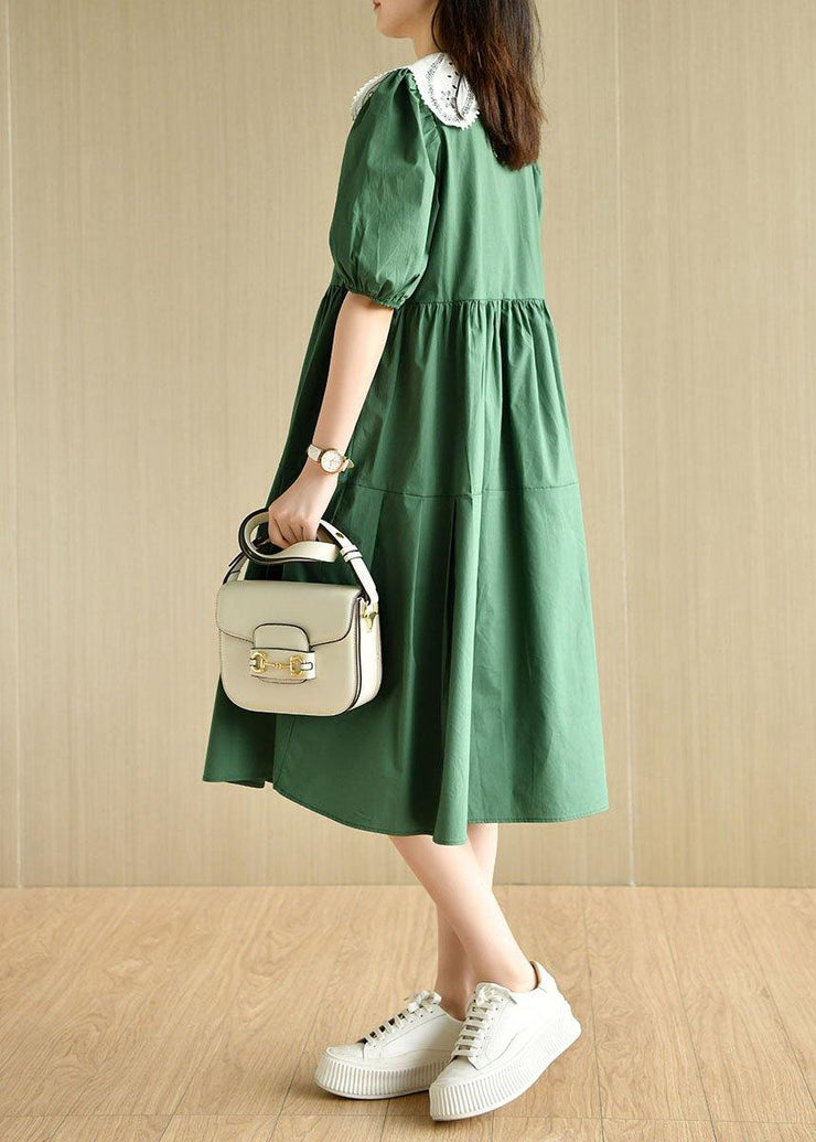 Art Tea Green lantern sleeve Button Summer Cotton Vacation Dresses - SooLinen