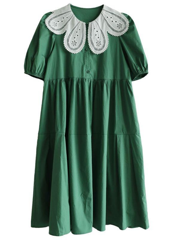 Art Tea Green lantern sleeve Button Summer Cotton Vacation Dresses - SooLinen