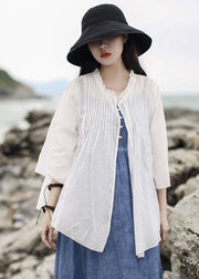 Art White Ruffled Solid Cotton Shirt Tops Three Quarter sleeve