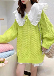 Art Yellow Peter Pan Collar Patchwork Knit Pullover Winter