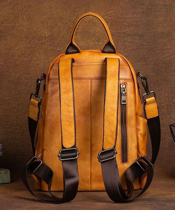 Art Yellow Print Paitings Calf Leather Backpack Bag