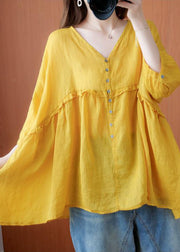 Art Yellow V Neck Button Ruffled asymmetrical design Fall Half Sleeve Shirt Top