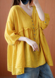 Art Yellow V Neck Button Ruffled asymmetrical design Fall Half Sleeve Shirt Top