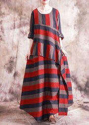 Art asymmetric linen dresses Catwalk red striped patchwork Dress fall - SooLinen