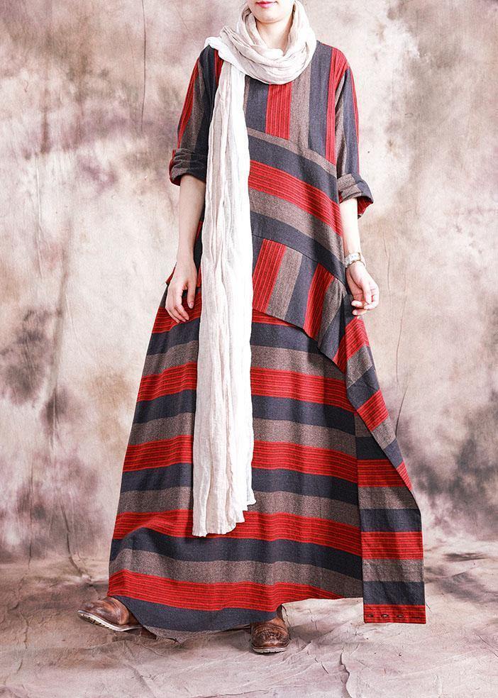 Art asymmetric linen dresses Catwalk red striped patchwork Dress fall - SooLinen