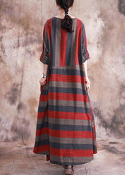 Art asymmetric linen dresses Catwalk red striped patchwork Dress fall - SooLinen