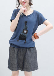 Art blue short sleeve cotton Blouse Cartoon print oversized summer shirts - SooLinen