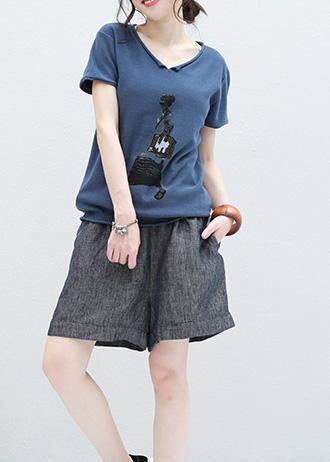 Art blue short sleeve cotton Blouse Cartoon print oversized summer shirts - SooLinen