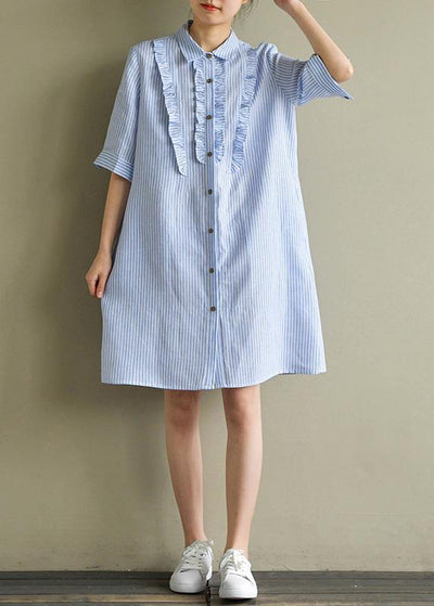 Art blue striped linen lapel half sleeve summer Dress - SooLinen