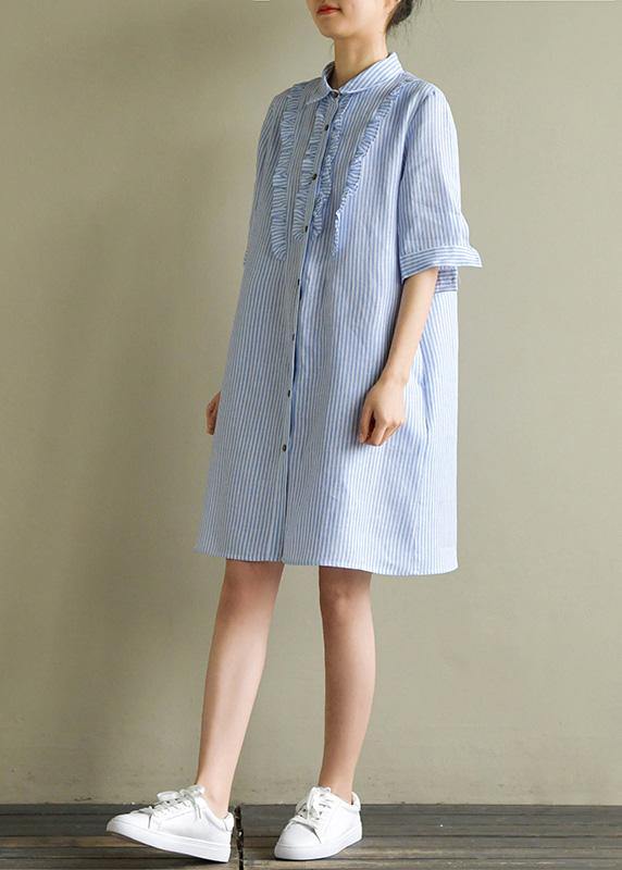 Art blue striped linen lapel half sleeve summer Dress - SooLinen