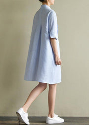 Art blue striped linen lapel half sleeve summer Dress - SooLinen