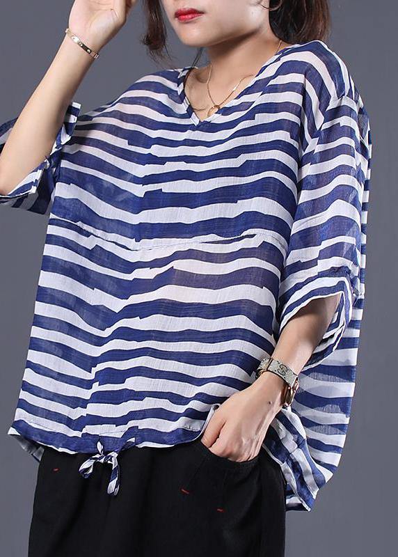 Art cotton shirts women plus size Adjustable Waist Stripes Casual Loose Blouse - SooLinen