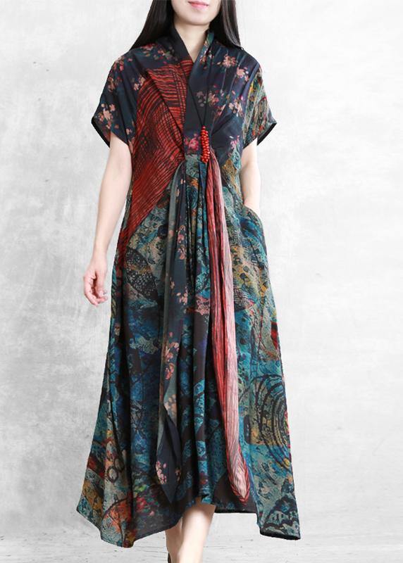 Art floral linen dresses v neck asymmetric robes Dresses - SooLinen