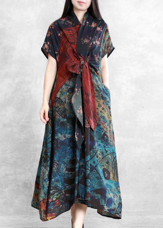 Art floral linen dresses v neck asymmetric robes Dresses - SooLinen