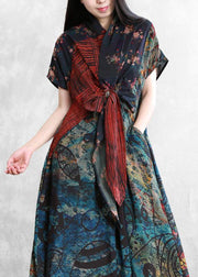 Art floral linen dresses v neck asymmetric robes Dresses - SooLinen