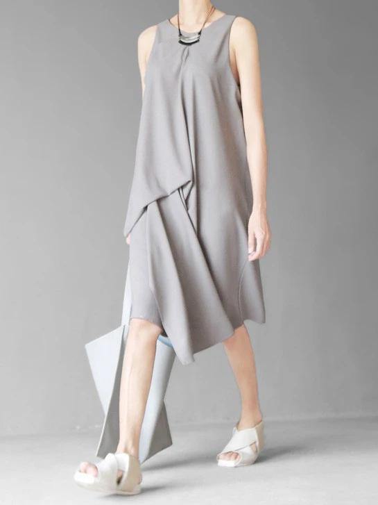 Art Gray Chiffon Dresses Plus Size Sleeve O Neck Asymmetric Linen Robes Summer Dresses - SooLinen