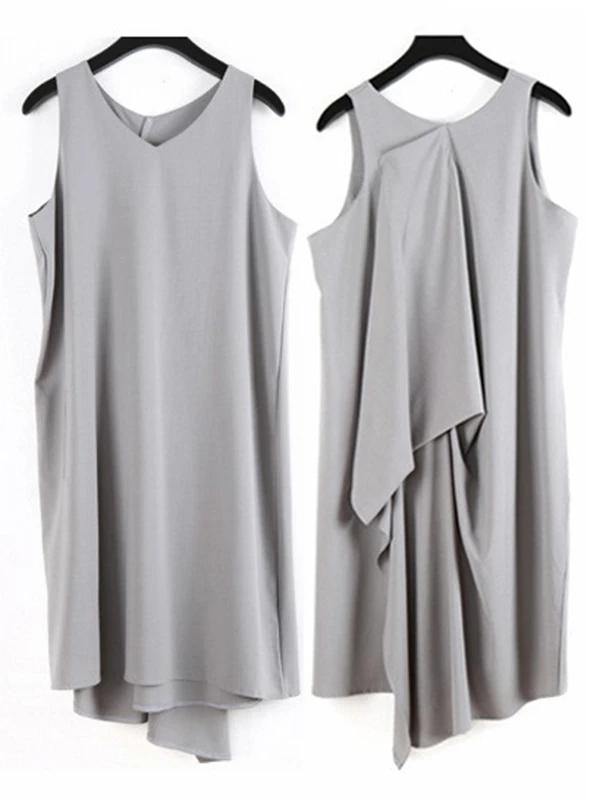 Art Gray Chiffon Dresses Plus Size Sleeve O Neck Asymmetric Linen Robes Summer Dresses - SooLinen