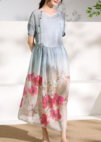 Art gray print linen dresses o neck patchwork Dresses - SooLinen