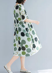 Art green dotted linen plus size Catwalk o neck short sleeve baggy Summer Dresses - SooLinen