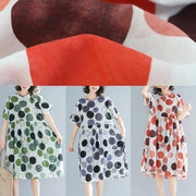 Art green dotted linen plus size Catwalk o neck short sleeve baggy Summer Dresses - SooLinen