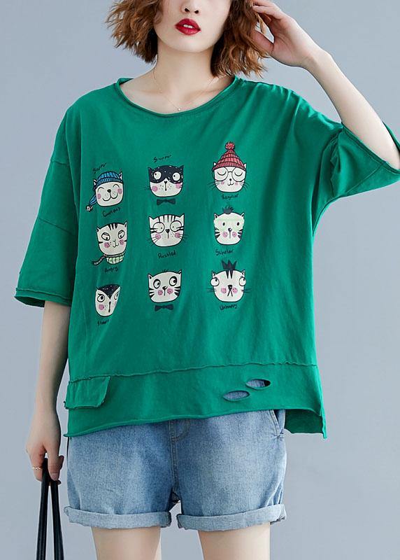 Art green prints cotton clothes o neck Hole Midi summer shirt - SooLinen