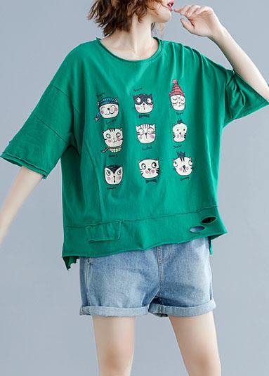 Art green prints cotton clothes o neck Hole Midi summer shirt - SooLinen