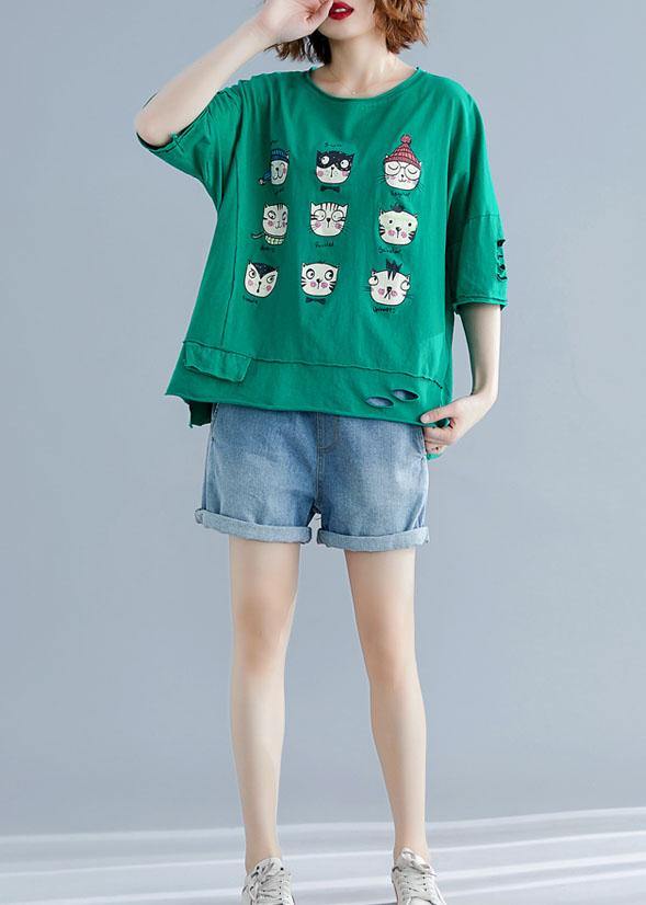 Art green prints cotton clothes o neck Hole Midi summer shirt - SooLinen