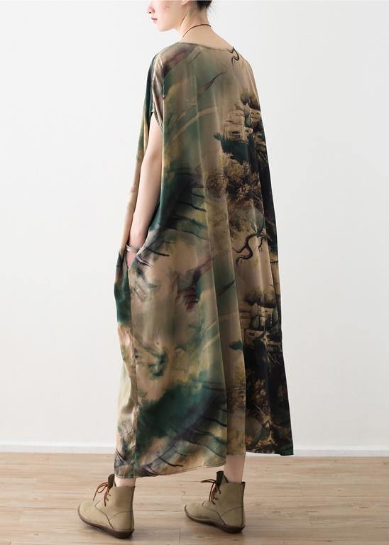 Art green prints silk clothes Omychic Fashion Ideas o neck long summer Dresses - SooLinen