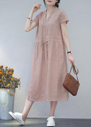 Art khaki linen clothes For Women v neck drawstring long summer Dresses - SooLinen