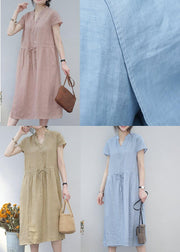 Art khaki linen clothes For Women v neck drawstring long summer Dresses - SooLinen