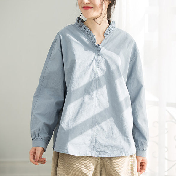 Art light blue cotton clothes For Women 2024 Wardrobes Ruffles Plus Size Clothing top