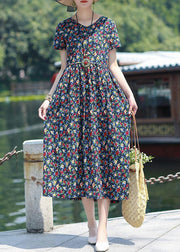 Art navy print linen clothes v neck pockets loose summer Dress - SooLinen